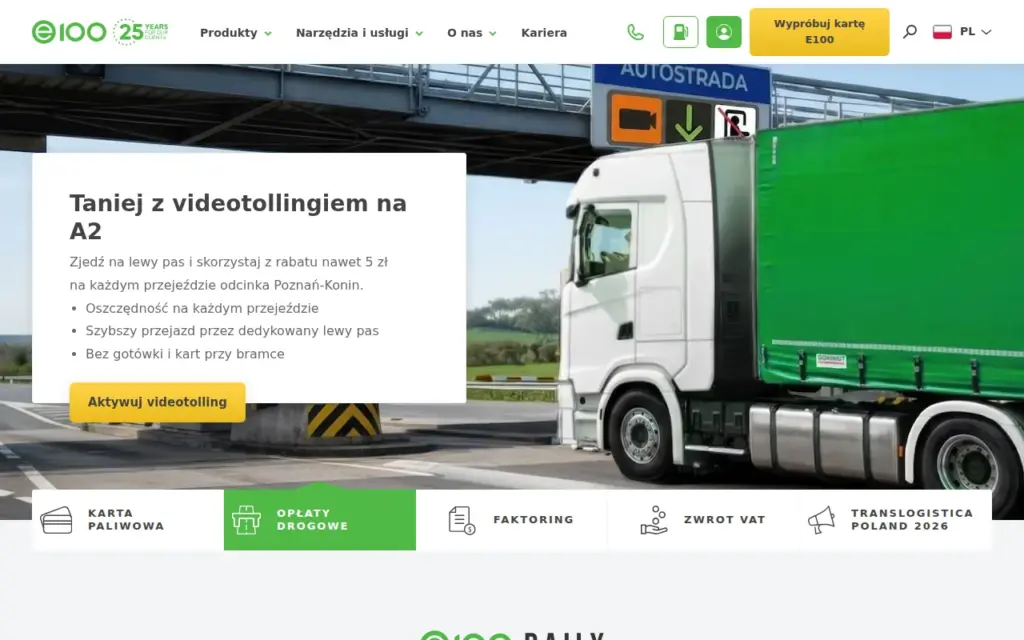 E100 — strona produktu na stronie producenta (zrzut ekranu)