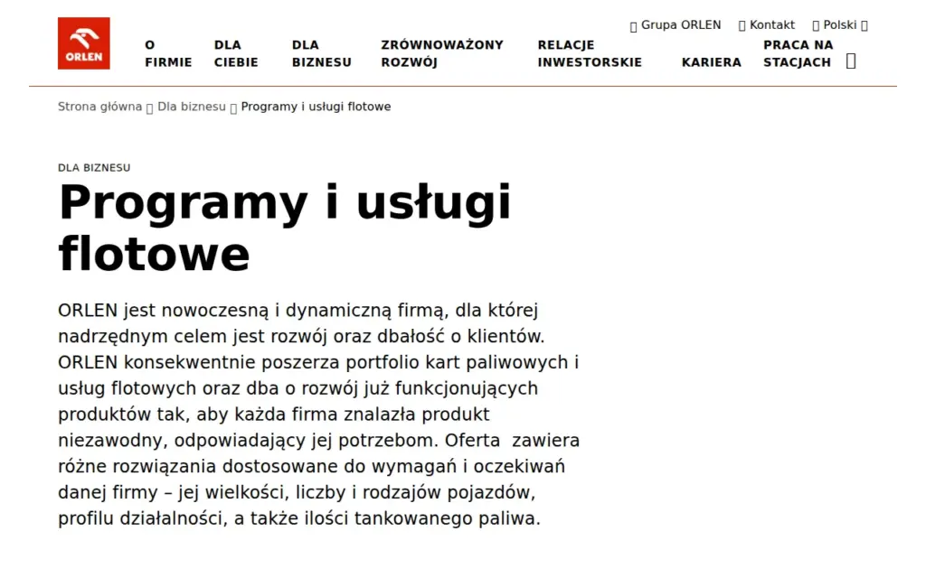 Orlen Flota — strona produktu na stronie producenta (zrzut ekranu)